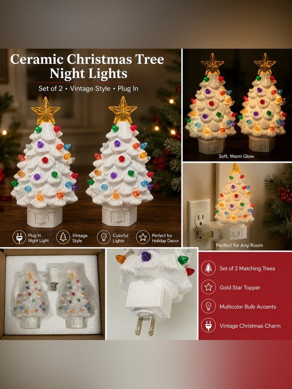 Vintage Style Ceramic Christmas Tree Plug In Night Lights Set of 2 White